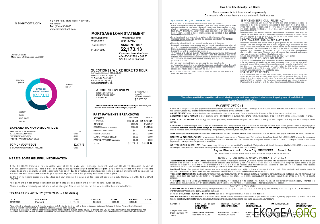 États , Unis New York Piermont Bank Relevé de prêt hypothécaire aux formats Word et PDF, 4 pages 1, 2